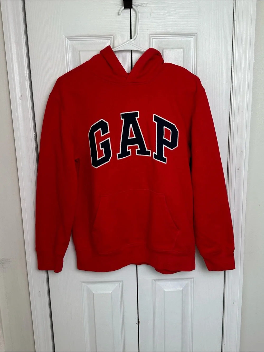 GAP Kids Red Hooded Sweatshirt with Navy Lettering can be unisex